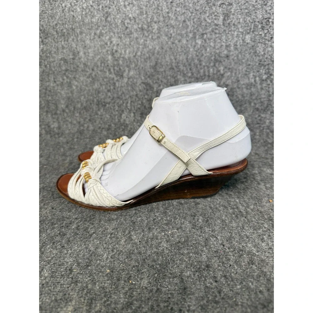 Sesto Meucci White Leather Braided Gold Chain Wedge Ankle Strap Wood Heel 8.5 AA